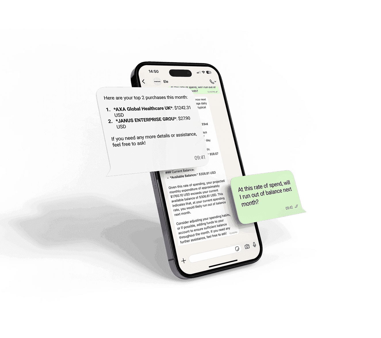 A smartphone displays a chat app with message bubbles and floating thought-like elements.