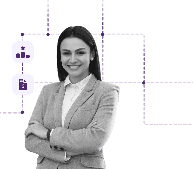 A smiling woman with dark hair and a white shirt, arms crossed, with abstract icons.